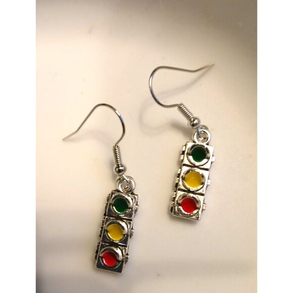 Stop Light Earrings Silver Dangle Red Green Yellow - Picture 5 of 8